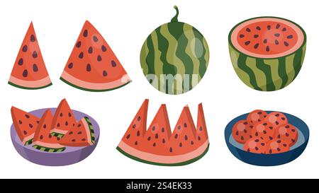 Tranches de pastèque, boules, pastèque entière, fruits sertis à plat isolé sur blanc. Illustration de Vecteur