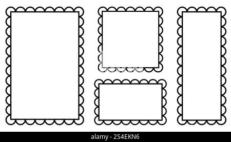 Cadres à contour noir avec bords ondulés isolés sur blanc. Étiquettes simples avec bordures en zig-zag. Formes Wiggly Illustration de Vecteur