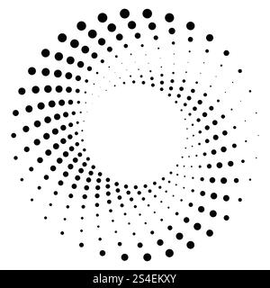 Texture demi-teinte ronde noire. Forme de tourbillon radial pointillé ou de tornade. Cercle dégradé. Style rétro pop art. Illustration de Vecteur