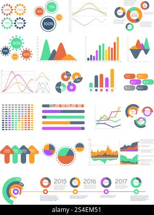 Infographies vectorielles multicolores avec différents graphiques et diagrammes. Modèle de conception avec des graphiques pour votre illustration de présentation d'entreprise. Infographies vectorielles multicolores avec différents graphiques et diagrammes Illustration de Vecteur