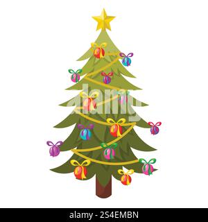 Joli arbre de Noël coloré décoré dans le style plat de bande dessinée. Joyeux sapin du nouvel an. Illustration de Vecteur