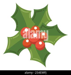 Mignon dessin animé holly Berry avec des feuilles dans un style plat. Décoration de joyeux Noël isolé sur fond blanc. Illustration de Vecteur