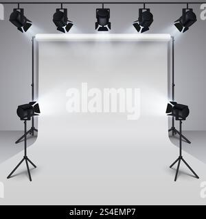 Équipement d'éclairage et studio de photographie professionnel fond blanc blanc. illustration vectorielle 3d. Studio pour la photographie avec équipement léger. Équipement d'éclairage et studio de photographie professionnel fond blanc blanc. illustration vectorielle 3d. Illustration de Vecteur