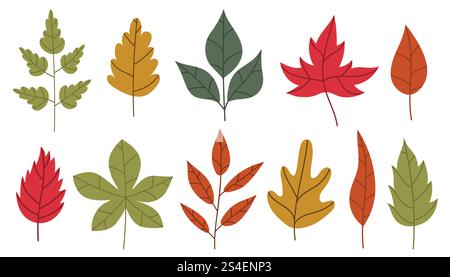 Collection de feuilles d'automne de dessin animé mignon. Ensemble feuillet d'automne confortable. Éléments de conception de branches d'arbre d'automne dans un style plat simple. Illustration de Vecteur