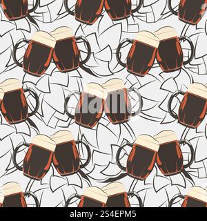 Modèle sans couture de bière avec des tasses de bière et des silhouettes de houblon. Fond de tasse de boisson d'alcool. Illustration vectorielle. Modèle sans couture de bière avec des tasses de bière et des silhouettes de houblon Illustration de Vecteur