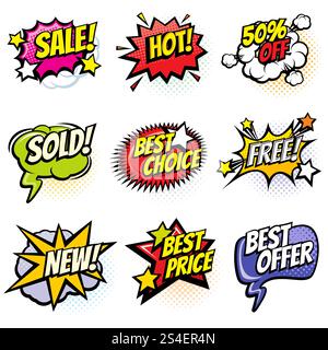 Bulles de discours comiques avec des mots promotionnels. Ensemble vectoriel de bannières de dessin animé d'escompte, de vente et de shopping. Étiquette de réduction et illustration de la meilleure offre. Bulles de discours comiques avec des mots promotionnels. Ensemble vectoriel de bannières de dessin animé d'escompte, de vente et de shopping Illustration de Vecteur