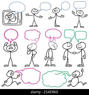 Figures de bâton d'esquisse vectorielle avec des bulles de dialogue vierges. Figurine d'homme de bâton et illustration de communication de bulle de parole. Figures de bâton d'esquisse vectorielle avec des bulles de dialogue vierges Illustration de Vecteur