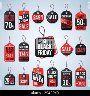 Étiquettes de prix Black friday et étiquettes de promotion avec des prix bon marché et les meilleures offres. Affiche vectorielle de détail, solde d'affiche du vendredi noir, illustration de promotion d'offre d'étiquette de détail. Étiquettes de prix Black friday et étiquettes de promotion avec des prix bon marché et les meilleures offres. Enseigne vectorielle de vente au détail Illustration de Vecteur