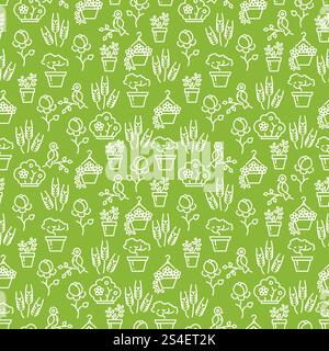 Motif sans couture de jardin - texture sans couture d'oiseau, de fleurs, d'arbres et d'arbustes. Arbre de plantes d'été, illustration vectorielle. Motif sans couture de jardin - texture sans couture d'oiseau, de fleurs, d'arbres et d'arbustes Illustration de Vecteur