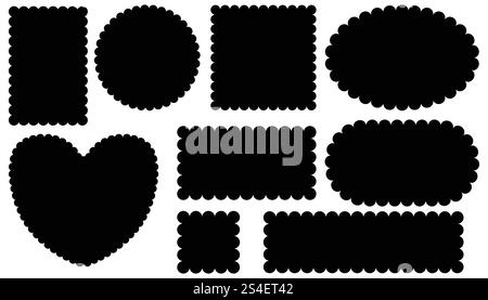 Cadres noirs avec bords ondulés isolés sur blanc. Étiquettes simples avec bordures en zig-zag. Formes des badges Wiggly Illustration de Vecteur