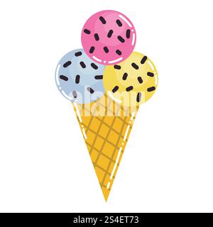 Crème glacée de dessin animé mignon avec des boules dans le style plat. Dessert froid doux isolé sur fond blanc. Illustration de Vecteur