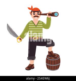 Pirate de bande dessinée avec spyglass, sabre et baril dans un style plat. Illustration de Vecteur