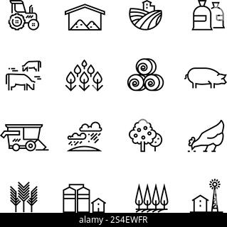 Icônes vectorielles linéaires de récolte agricole. Agronomie et pictogrammes agricoles. Symboles agricoles, champ agricole, équipement agricole, illustration du transport du tracteur. Icônes vectorielles linéaires de récolte agricole. Agronomie et pictogrammes agricoles. Symboles agricoles Illustration de Vecteur