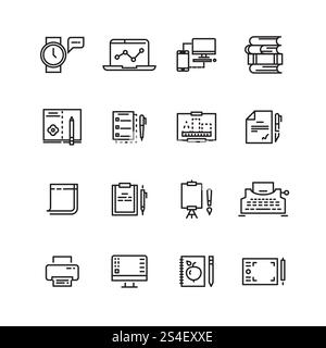 Création, science, outils d'écriture icônes de ligne ensemble. Éducation et étude, illustration vectorielle. Création, science, outils d'écriture icônes de ligne ensemble Illustration de Vecteur