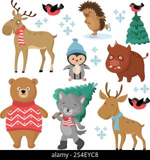 Animaux de forêt heureux en hiver et arbres de noël isolés sur fond blanc ensemble de vecteur. Oiseau animal de forêt et loup, sanglier et élan, illustration de dessin animé de noël de caractère. Animaux de forêt heureux en hiver et arbres de noël isolés sur fond blanc ensemble de vecteur Illustration de Vecteur