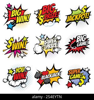 Bulles comiques pop art vintage avec jeu de vecteurs de mots gagnants. Gagnez un prix et un jackpot dans l'illustration du jeu. Bulles comiques pop art vintage avec jeu de vecteurs de mots gagnants Illustration de Vecteur