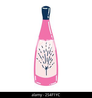 Bouteille de champagne dessin animé mignon dans un style plat. Joyeuse fête de la Saint Valentin. Illustration de Vecteur