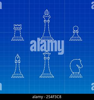 Silhouettes blanches de pièces d'échecs sur fond de cahier bleu. Illustration vectorielle. Silhouettes de pièces d'échecs blanches Illustration de Vecteur