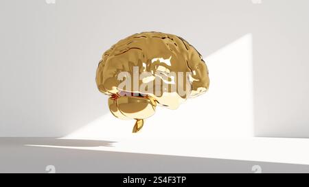 Cerveau doré dans une pièce vide rendu 3D. Banque D'Images