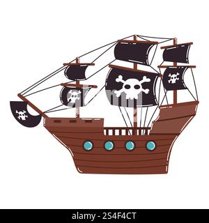 Bateau à voile pirate historique de dessin animé avec des voiles noires, des crânes et des os. Bateau pirate de mer. Illustration de Vecteur
