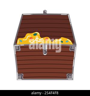 Coffre au trésor de pirate de dessin animé dans un style plat. Un coffre contenant de l'or et des pierres précieuses. Illustration de Vecteur
