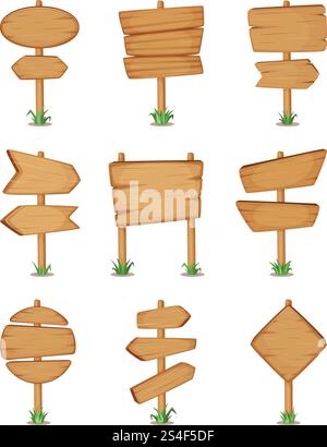 Panneau indicateur rond et carré en bois vide debout dans l'herbe. Jeu d'illustrations vectorielles. Divers panneaux de signalisation en contreplaqué en bois, poteau de guidage en bois ou panneau d'affichage. Panneau indicateur rond et carré en bois vide debout dans l'herbe. Jeu d'illustrations vectorielles Illustration de Vecteur