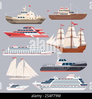 Ensemble de différents vaisseaux. Bateaux de mer et autres grands navires. Vecteur dans le style plat. Bateau et bateau, illustration de yacht de croisière. Ensemble de différents vaisseaux. Bateaux de mer et autres grands navires. Illustrations vectorielles dans un style plat Illustration de Vecteur