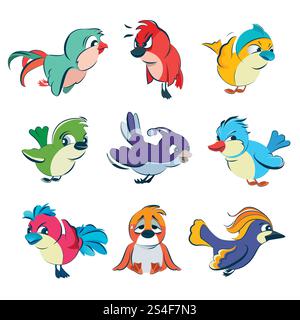 Drôles d'oiseaux différents. Illustrations vectorielles définies dans le style de dessin animé. Collection d'oiseaux colorés de bande dessinée. Drôles d'oiseaux différents. Illustrations vectorielles définies dans le style de dessin animé Illustration de Vecteur