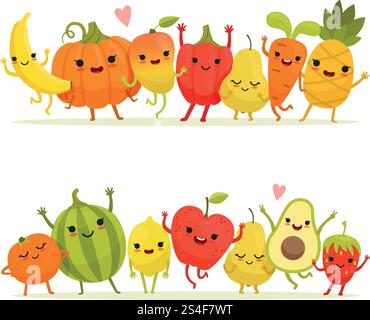 Dessins animés fruits et légumes en groupe. Mascottes joyeuses vectorielles avec des visages souriants. Fruits et légumes heureux, illustration de dessins animés caractère fruits naturels. Dessins animés fruits et légumes en groupe. Mascottes joyeuses vectorielles avec des visages souriants Illustration de Vecteur