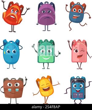 Cartables personnages avec des émotions différentes. Illustrations vectorielles. Ensemble de sac à dos scolaire coloré avec visage, jambe et main. Cartables personnages avec des émotions différentes. Illustrations vectorielles Illustration de Vecteur