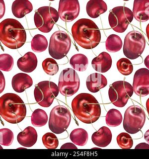 Baies cerises rouges aigres sucrées sur tiges, dessinées à la main à l'aquarelle, drupes mûres dispersées. Illustration de modèle sans couture isolé sur blanc Banque D'Images