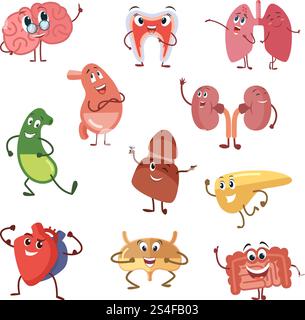 Organes humains avec des émotions drôles. Illustration vectorielle de dessin animé isolez sur fond blanc, organes humains de personnage de dessin animé, cerveau et rein d'organe drôle interne vital. Organes humains avec des émotions drôles. Illustration vectorielle de dessin animé isoler sur fond blanc Illustration de Vecteur