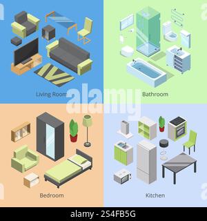 Ensemble de différents éléments de mobilier pour les pièces dans la maison moderne. Illustrations isométriques vectorielles de cuisine, chambre à coucher, salon et salle de bains. Intérieur du salon isométrique dans la maison. Ensemble de différents éléments de mobilier pour les pièces dans la maison moderne. Illustrations isométriques vectorielles de cuisine, chambre à coucher, salon et salle de bains Illustration de Vecteur