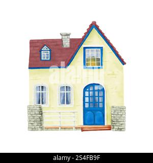 Maison de village rurale avec toit de tuiles rouges et rideaux sur les fenêtres. Illustration numérique aquarelle. Jolie cabane en bois avec cheminée isolée sur backgr blanc Banque D'Images