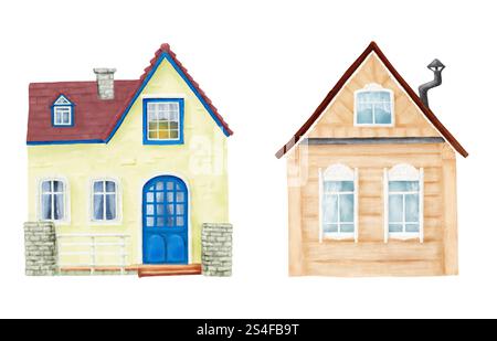Maison de village avec toit de tuiles rouges et rideaux sur les fenêtres dans l'ensemble. Illustration numérique aquarelle. Cabane mignonne avec cheminée et chalet confortable isolé sur w Banque D'Images