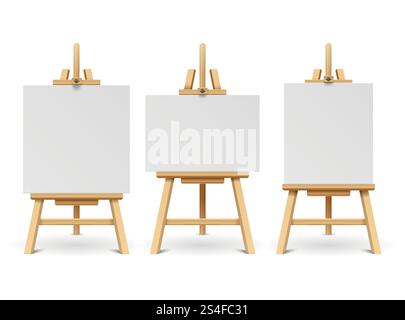 Wood easels or painting art boards with white canvas of different sizes. Artwork blank poster mockups. Wooden board with paper white canvas illustration. Wood easels or painting art boards with white canvas of different sizes. Artwork blank poster mockups Stock Vector