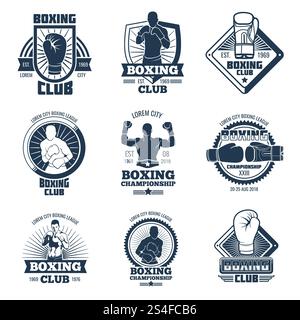 Étiquettes et badges vectoriels de club de sports de boxe vintage. Emblème avec illustration boxer champion. Étiquettes et badges vectoriels de club de sports de boxe vintage Illustration de Vecteur