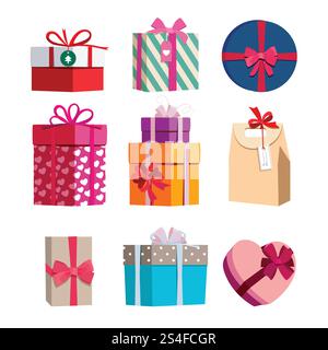 Boîtes cadeaux de différentes couleurs avec des rubans. Ensemble d'illustrations vectorielles de cadeaux colorés pour l'anniversaire et la nouvelle année. Boîtes cadeaux de différentes couleurs avec des rubans. Jeu d'illustrations vectorielles Illustration de Vecteur