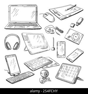 Différents gadgets informatiques. Les illustrations vectorielles Doodle isolent sur blanc. Dessin de croquis de gadget, ordinateur portable électronique et caméra vidéo. Différents gadgets informatiques. Les illustrations vectorielles Doodle isolent sur blanc Illustration de Vecteur