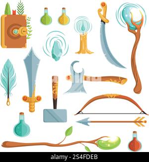 Ensemble vectoriel d'armes magiques fantastiques. Illustrations pour jeu informatique. Livre magique et bougie, potion et plume. Ensemble vectoriel d'armes magiques fantastiques. Illustrations pour jeu informatique Illustration de Vecteur