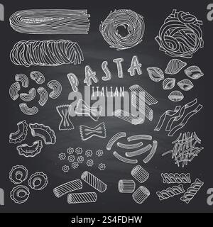 Types de pâtes italliennes. Images dessinées à la main sur fond sombre. Icônes définies pour le menu du restaurant. Croquis italien de pâtes, illustration de dessin de spaghetti. Types de pâtes italliennes. Images dessinées à la main sur fond sombre. Icônes définies pour le menu du restaurant Illustration de Vecteur
