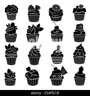 Grand ensemble monochrome de différents cupcakes et muffins. Illustration vectorielle noire. Muffin dessert et cupcake délicieux désert. Grand ensemble monochrome de différents cupcakes et muffins. Illustrations vectorielles noires Illustration de Vecteur