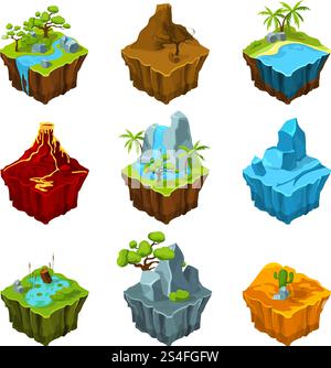 Îles isométriques fantastiques avec des vulcains, différentes plantes et rivières. Éléments d'interface dans le style de dessin animé. Jeux informatiques vectoriels. Plate-forme avec plante et montagne, eau et illustration vulcan. Îles isométriques fantastiques avec des vulcains, différentes plantes et rivières. Éléments d'interface dans le style de dessin animé. Images vectorielles pour jeux informatiques Illustration de Vecteur