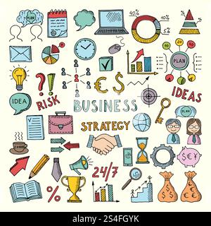 Coloriage d'illustrations d'affaires dans un style dessiné à la main. Jeu de doodles vectoriels. Planifier la structure de l'entreprise, réussir le travail d'équipe. Coloriage d'illustrations d'affaires dans un style dessiné à la main. Jeu de doodles vectoriels Illustration de Vecteur