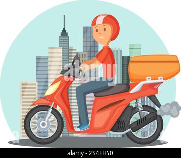Illustration du concept de livraison rapide. Paysage urbain avec des bâtiments modernes et moto ou scooter. Vecteur de service de livraison de moteur. Illustration du concept de livraison rapide. Paysage urbain avec des bâtiments modernes et moto ou scooter Illustration de Vecteur