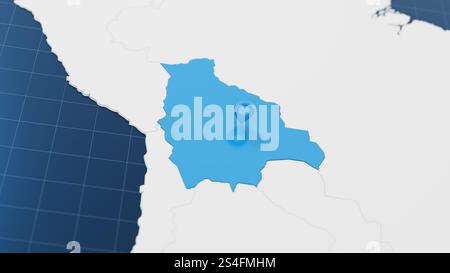 Carte bleue Bolivie 3d avec aiguille de pointeur entourée d'autres pays en blanc. Carte politique avec frontières. illustration de rendu 3d. Banque D'Images