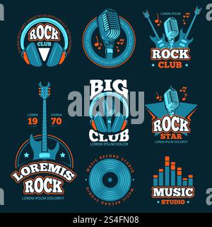 Étiquettes vectorielles de production de studio de musique vintage. Badges musicaux ou logos et emblèmes avec guitares et microphones. Labels vectoriels de production de studio de musique. Badges musicaux avec guitares et microphones Illustration de Vecteur
