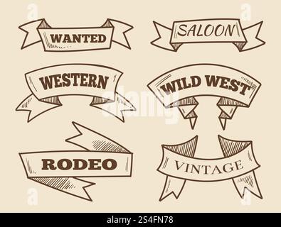 Rubans occidentaux dessinés à la main. Éléments de design vintage. Défilement du ruban esquissé rétro. Illustration vectorielle. Rubans occidentaux dessinés à la main. Éléments de design vintage Illustration de Vecteur