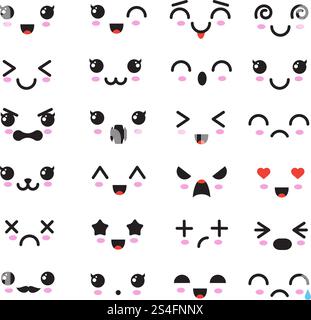 Dessins animés kawaii yeux et bouches. Mignons émoticônes emoji personnages dans le style japonais. Dessin animé de sourire d'émotion de vecteur, illustration d'anime japonais kawaii. Dessins animés kawaii yeux et bouches. Mignons émoticônes emoji personnages dans le style japonais Illustration de Vecteur