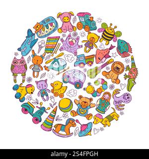 Icône de jouets pour enfants définie en forme de cercle. Illustration vectorielle Doodle. Jouets colorés pour bébé enfants jeu. Icône de jouets pour enfants définie en forme de cercle. Illustrations vectorielles Doodle Illustration de Vecteur